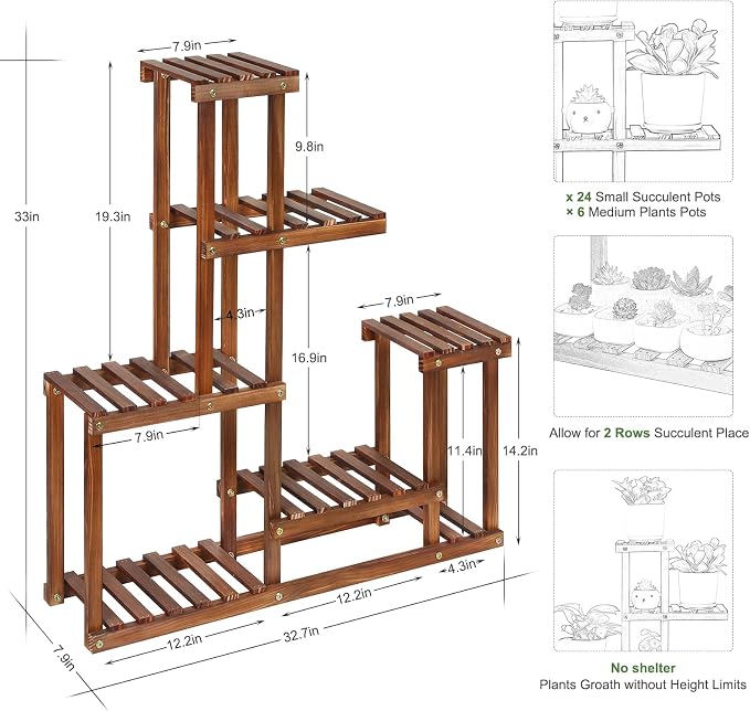 Wood Plant Stand Indoor Outdoor Multi Tiered Plant Shelf Holder | Corner High - Image 2