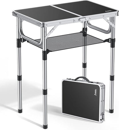 Anbte Folding Camping Table, Aluminum 24" x 16" Adjustable Height Small Folding Table with Carrying Handle, Lightweight, Portable Camping Table Waterproof for Outdoor Indoor Picnic Beach BBQ (Black)