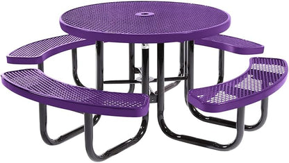 COATEDOUTDOORFURNITURE Heavy-Duty Portable Outdoor Picnic Table with Umbrella Hole, Expanded Metal Commercial-Grade Patio Dining Furniture Made in America (46" Round Top, Purple)