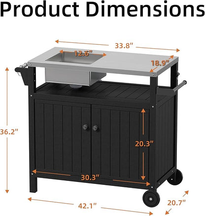 TORVA Multi-Functional Outdoor Grill Cart with Sink,Cabinet and Cover, 42 inch Freestanding Modular Kitchen Sink Station in 304 Stainless Steel&HDPE, All Weather Use BBQ Table, Black