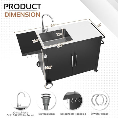 Grill Table with Sink, Outdoor Stainless Steel Kitchen Island Cabinets Sink Station with Hose Hook up & Lockable Casters, Rolling BBQ Table for Backyard