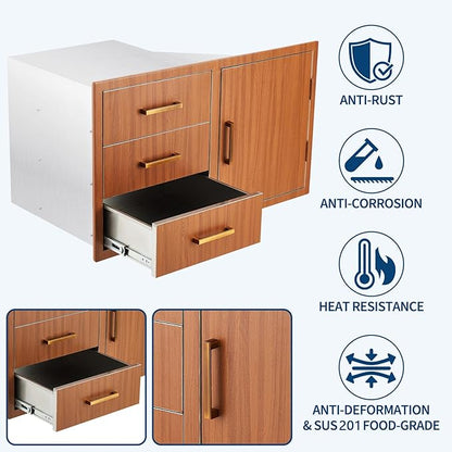Stainless Steel Outdoor Kitchen Door Drawer Combo 38.2" W x 20.5" H x 22.6" D - Triple Drawers & Access Door, Propane Storage & Adjustable Garbage Ring, Weather-Resistant Flush Mount