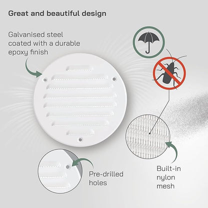 Vent Systems - 4 Inch (Inner) Pack of 2 White Metal Round Soffit Air Vent Grille Cover, Register air Vent Deflector, Louver - Built-in Mesh - HVAC for Bathroom, Home Office, Kitchen 5 Inch (Outer)