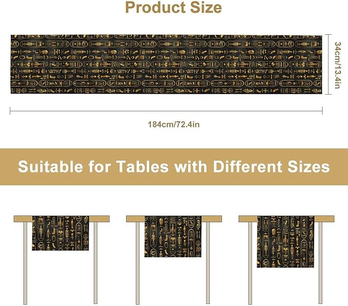 Egyptian Table Runner, Retro Egypt Mythology African Hieroglyphics Alphabet Murals Black Pattern Table Runner for Family Kitchen Coffee Dining Farmhouse Party 13x108in