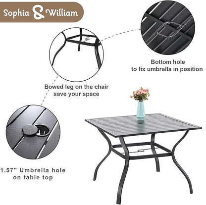 Sophia & William 5 Pieces Patio Dining Set with 9 ft Beige Patio Umbrella, Outdoor PE Rattan Chairs and Square Metal Table Set with Cushions and 1.57" Umbrella Hole for Poolside Porch Backyard