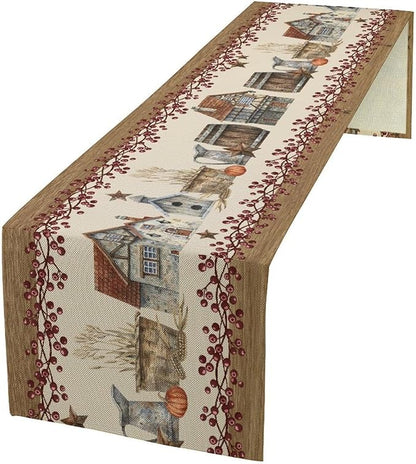 Western Texas Table Runner, Rustic Farmhouse Country Barn Berry Vintage Rural Houses Pumpkin Print Table Runner for Party Picnic Dining Kitchen Table Decor,13x36inch