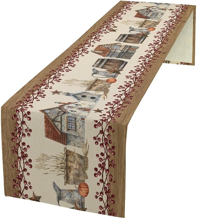 Western Texas Table Runner, Rustic Farmhouse Country Barn Berry Vintage Rural Houses Pumpkin Print Table Runner for Party Picnic Dining Kitchen Table Decor,13x108inch