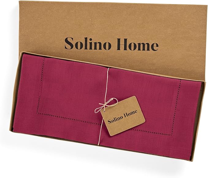 Solino Home Linen Beet Table Runner 144 Inches Long - 100% Pure Linen Extra Long Table Runner 14 x 144 Inch for Valentines, Easter - Classic Hemstitch