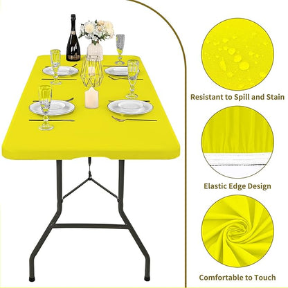 10 Pack Fitted Tablecloth for 8 Foot Rectangle Tables, Yellow Elastic Outdoor Picnic Table Cover, Washable Stretch Folding Table Cloths 8 ft for Camping Party Patio Kitchen Banquet, 30" W x 96" L