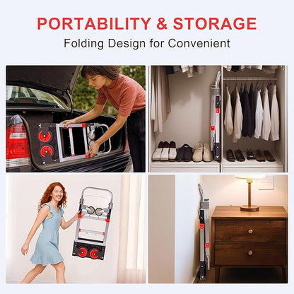 Upgraded 3 in 1 Aluminum Folding Hand Truck, 600lbs Capacity, Heavy Duty Convertible Dolly with Retractable Handle and 4 Rubber Wheels, Collapsible Cart for Moving Home, Office, Warehouse (Red)