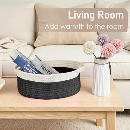 Woven Basket,Small Rope Storage Bin with Handles & Ribbon Bag, Organizer for Shelves Closets,Gift Basket Empty for Birthday,Books,Dog Toys, White&Black
