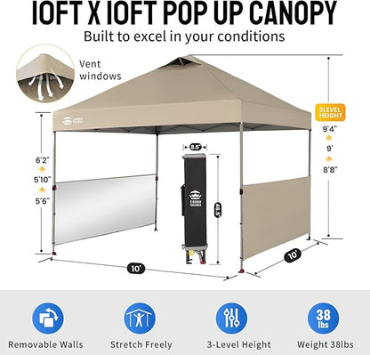 CROWN SHADES 10x10 Pop up Canopy Tent Instant Canopy with 150D Silver Coated Fabric Including 2 Half Sidewalls, 4 Ropes, 8 Stakes, 4 Weight Bags, STO 'N Go Bag, Beige