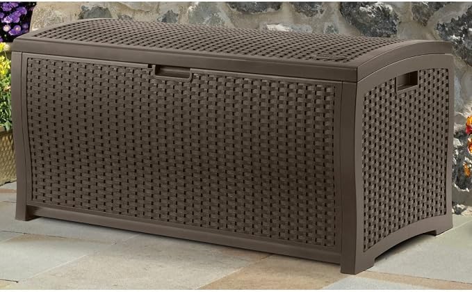 Suncast 99 Gallon Deck Garden Garage Home Wicker Resin Pool Box - Image 8