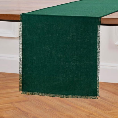 Solino Home Linen Evergreen Table Runner 36 Inches - Fringe, 100% Pure Linen Small Table Runner 14 x 36 Inch Ideal for Dresser and Coffee Tables - Winter, St Patricks Day