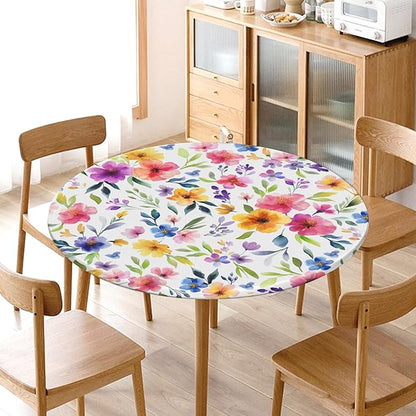 Spring Summer Floral Round Fitted Tablecloth with Elastic Watercolor Flower Outdoor Circle Table Cloth for 48-52" Tables Colorful Stretch Waterproof Washable Table Cover for Picnic Dining Party Decor