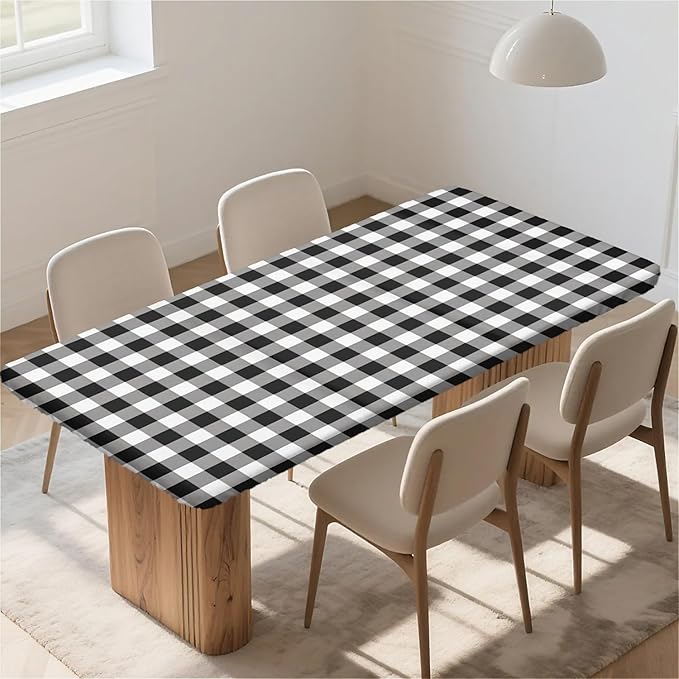 Rectangle Table Cloth Cover Waterproof Elastic Fitted Polyester Fitted Tablecloths for 6 Foot Tables for Indoor,Picnic, Camping, Outdoor （72" x 30"，Black Grid）