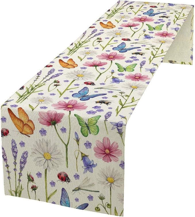 Flower Floral Table Runner, Butterfly Wildflowers Daisy Spring Summer Rustic Table Runner for Farmhouse Holiday Kitchen Dining Outdoor Home Party 13x70in