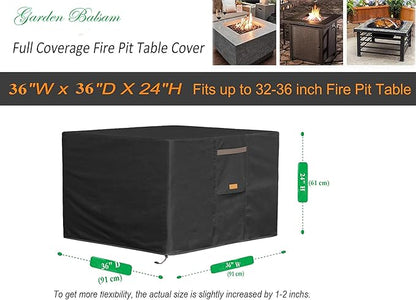 Fire Pit Cover 600D Heavy Duty Waterproof Fabric With PVC Coating Square 36" Wx 36" D x 24" H Black Fits for 32-36 Inch Fire Pit Table Fade Resistant Outdoor Firepit Cover