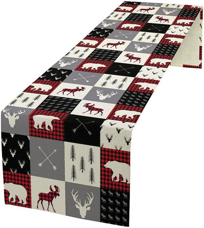 Farmhouse Bear Deer Table Runner, Retro Rustic Village Buffalo Plaid Table Runner for Coffee Table Dining Room Table Bedroom Party Holiday 13x108in