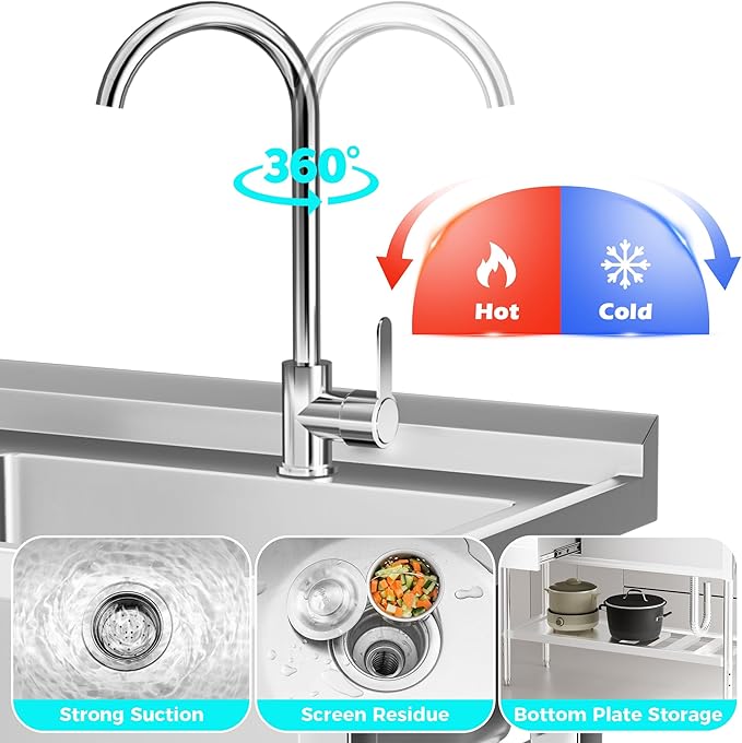 WOEDEN 39" 304 Stainless Steel Utility Sink, Free-Standing Commercial Sink with Workbench, Drawer Storage & Hot/Cold Water Pipes for Laundry, Farmhouse & Outdoor Use