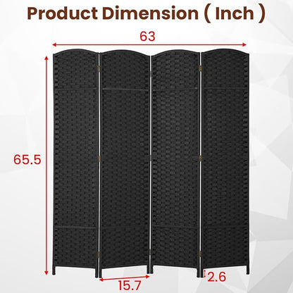 FDW Room Divider 4 Panel Screen 5.6 Ft Tall Partition Privacy Screens Folding Room Separation Free Standing Waterproof Wood Frame Wall Divider, Dark Black
