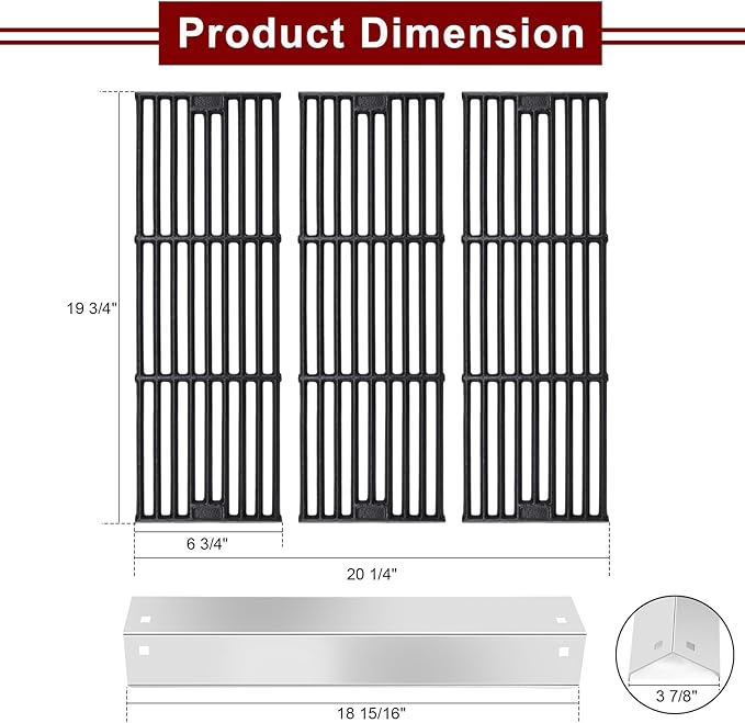 Hiorucet Grill Replacement Parts for Chargriller 5650, 5050, 3001, 5072, 3030, 3008, 4000, 5252 Gas Grill, Cast Iron Cooking Grates, Stainless Steel Heat Plates for King-Griller 3008 5252 Gas Grill