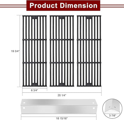 Hiorucet Grill Replacement Parts for Chargriller 5650, 5050, 3001, 5072, 3030, 3008, 4000, 5252 Gas Grill, Cast Iron Cooking Grates, Stainless Steel Heat Plates for King-Griller 3008 5252 Gas Grill