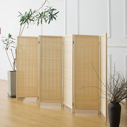 6 Panel Short Room Divider Screen,Beige Freestanding Partition,Small Bamboo Panel Divider for Room Seperation,3.95 FT Tall