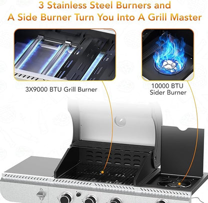 3-Burner Propane Gas BBQ Grill with Side Burner,Stainless Steel Gas Grill with Cast Iron Grates,37000 BTU Barbecue Grill, Suitable for Outdoor Cooking,Camping,Patio Backyard