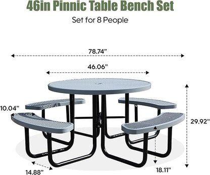 46'' Round Metal Picnic Table for Outdoors, Commercial Steel Metal Picnic Tables, Heavy Duty Sturdy Picnic Tables Furniture Set for Patio Garden Courtyard BBQ, with Umbrella Hole, Grey