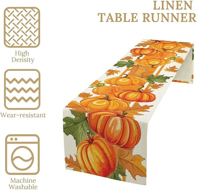 Fall Pumpkin Table Runner, Autumn Orange Maple Leaves Print Table Runner for Thanksgiving Harvest Holiday Indoor Outdoor Table Decoration, 13x36inch