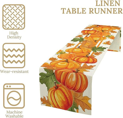 Fall Pumpkin Table Runner, Autumn Orange Maple Leaves Print Table Runner for Thanksgiving Harvest Holiday Indoor Outdoor Table Decoration, 13x36inch