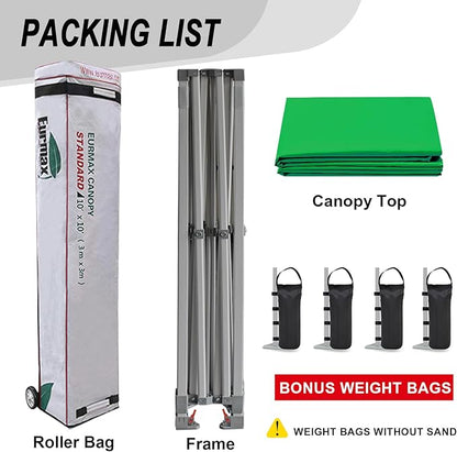 Eurmax USA Standard 10x10ft Patio Pop Up Canopy Tent for Outdoor Events Commercial Instant Canopies with Heavy Duty Roller Bag,Bonus 4 Canopy Sand Bags (Kelly Green)
