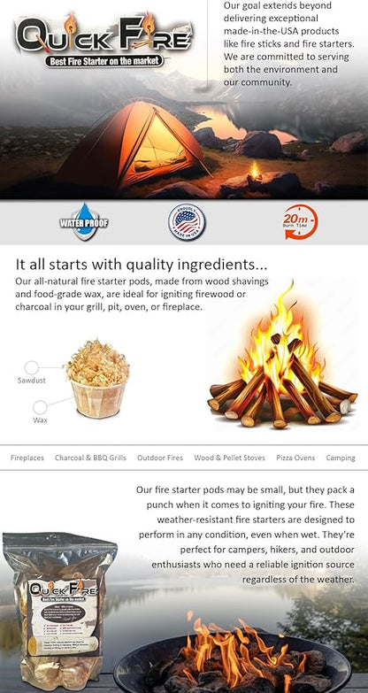 Quick Fire Starter Pods in Resealable Packs - Fire Starters for Campfires, BBQ, Grill Pit, Wood Stove & Charcoal Starter, 20 Min Burn Time,30 Extra Large Pods, USA Made, Brown