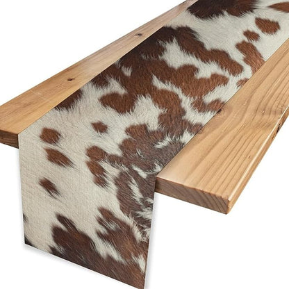 Cow Print Table Runner, Brown Cowhide Print Western Style Table Runner Country Farmhouse Cottage Cow Pattern Linen Table Decoration for Home Kitchen Dining 13x90