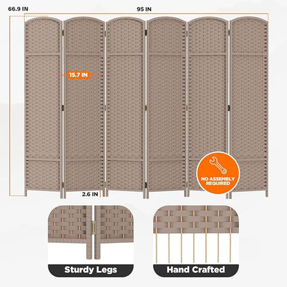 Room Divider 6 Panel Screen 5.6 Ft Tall Partition Room Dividers Beige Privacy Screens Folding Room Separation Free Standing Waterproof Wood Frame Wall Divider