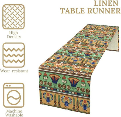 Egyptian Print Table Runner, Egyptian Ornament Scarab Flower Abstract Design Table Runner for Dining Kitchen Party Outdoor Holiday 13x36in