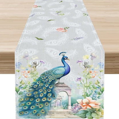Peacock Table Runner,Watercolor Traditional Chinese Style Peacock Floral Garden Traditionla Chinese Style Table Center Decor for Home Dining Kitchen Patio Party Indoor Table Decorations, 13"x108"