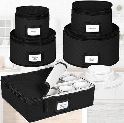 China Storage Containers 5-Piece Set Moving Boxes for Dinnerware, Glasses, Plates, Mugs and Saucers Sturdy Quilted Microfiber Dish Organizer with Dividers for Seasonal Storage - Holds Set of 12, Black