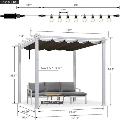 PURPLE LEAF White Pergola 10' x 10' Metal Frame Retractable Canopy, Higher - Image 7