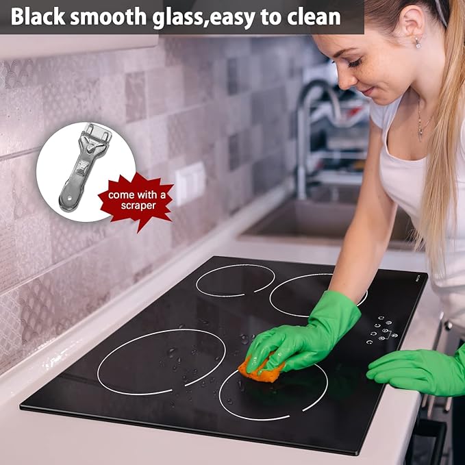 Noxton 24 Inch Electric Cooktop 4 Burners Electric Stove, Built-in Ceramic Cooktop with Touch Control Child Lock Timer Easy To Clean with Hard Wire 6000W 240V