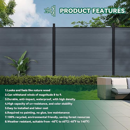 Mondaria Fence Privacy Screen with 8ft In-ground Posts, 6ft(H) x 6ft(W) Wood Plastic Composite Fence Panels Weather-Resistant Outdoor Fence for Backyard/Garden (Gray, 1 Post)