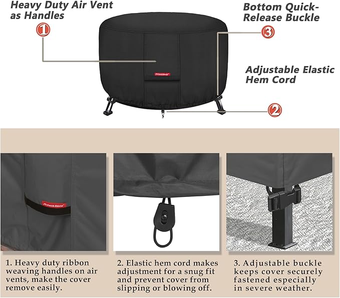 Porch Shield Fire Pit Cover - Waterproof 600D Heavy Duty Fade Resistant Round Patio Fire Bowl Cover Black - 56 inch