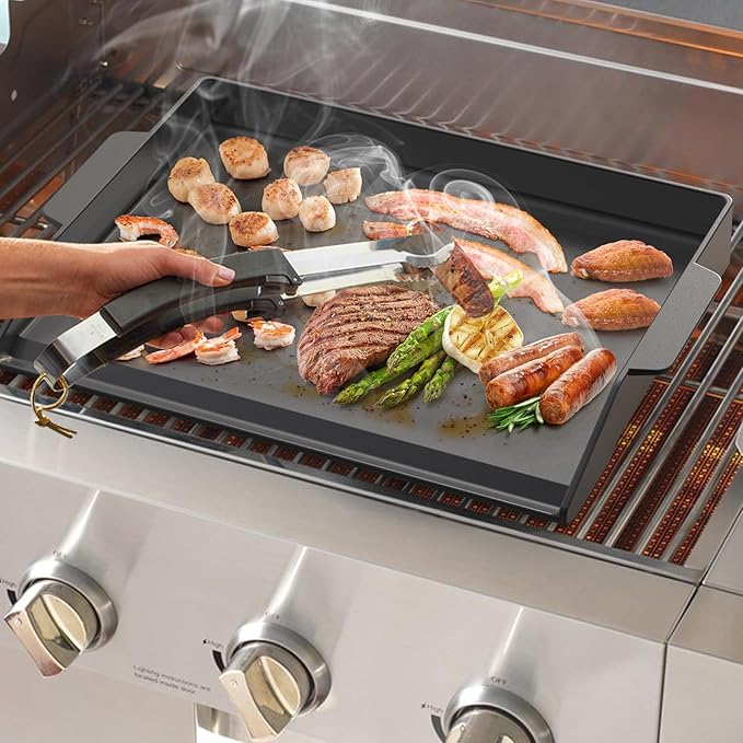Onlyfire Universal Cast Iron Cooking Griddle, Pre-Seasoned Nonstick Coating Griddle Flat Top Grill Plate with Extra High Sidewalls for All Gas Grills and 4 Burner Range Oven, 23" x 16"