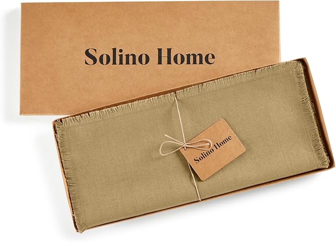 Solino Home Linen Fringe Table Runner 120 Inches Long - 100% Pure Linen Kelp Table Runner 14 x 120 Inch for Spring - Handcrafted and Machine Washable