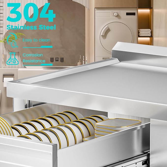 WOEDEN 47" 304 Stainless Steel Utility Sink, Free-Standing Commercial Sink with Workbench, Drawer Storage & Hot/Cold Water Pipes for Laundry, Farmhouse & Outdoor Use
