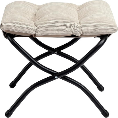 HollyHOME 15"(H) Folding Footrest Stool, Upholstered Small Foldable Ottoman, Accent Padded Sofa Foot Stool for Lazy Chair, Metal Frame Portable Foot Rest Ottoman for Living Room, Bedroom, Beige Stripe