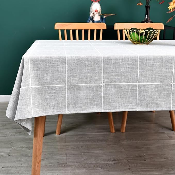Farmhouse Table Cloth for Rectangle Tables Gray Plaid Boho Tablecloth Heavy Duty Cotton Linen Blend Washable & Wrinkle Resistant Rustic Table Cover for Outdoor Kitchen Dining (52x86 Inch)