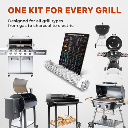 BBQ Meat Temperature Magnet & Pellet Smoker Tube Bundle – Durable Meat Smoking Guide & Stainless Steel Pellet Smoker Tube for Gas, Charcoal, & Electric Grills – Essential BBQ & Grilling Accessories