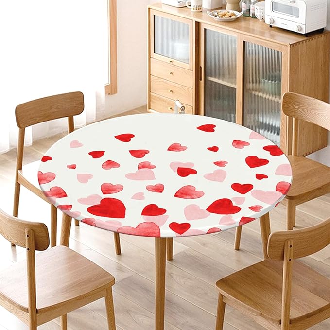 Valentines Day Round Fitted Tablecloth with Elastic Pink Red Love Heart Circle Table Cloth for 44-48" Round Tables Wipeable Waterproof Washable Valentine Table Cover for Picnic Dining Party Decor